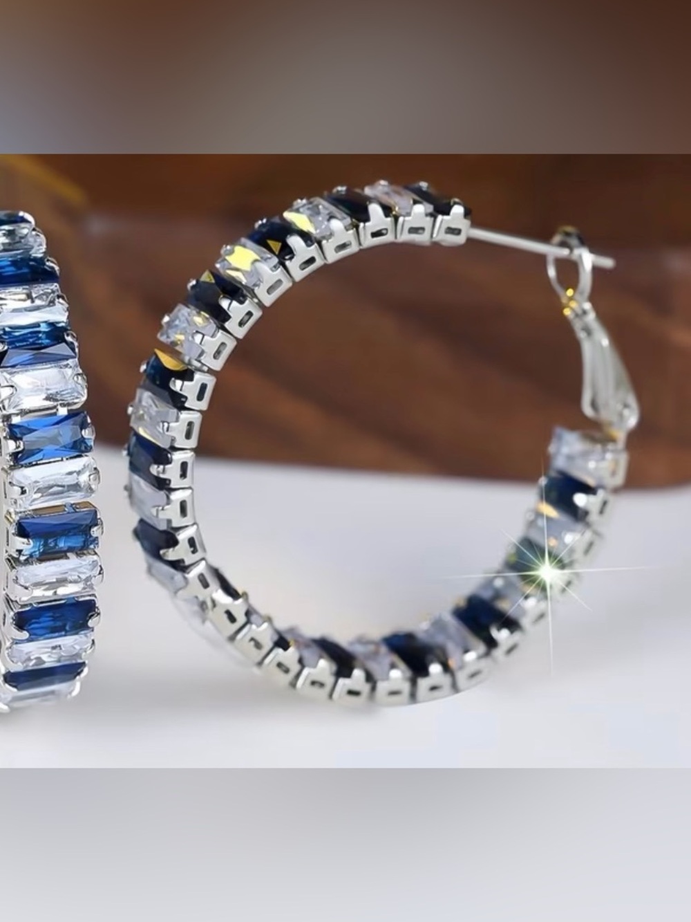 Blue and Clear Crystal Hoop Earrings - Picture 2 of 6